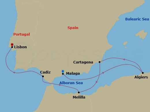 Route map: Malaga → Cartagena → Barcelona → Cadiz → Lisbon