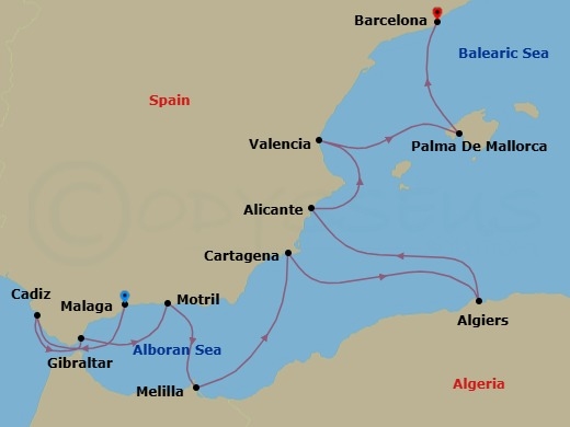 Route map: Malaga → Cadiz → Gibraltar → Motril → Barcelona → Cartagena → Malaga → Alicante → Valencia → Palma De Mallorca