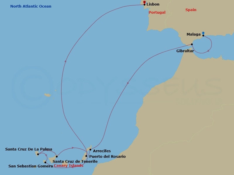 Route map: Malaga → Gibraltar → Arrecifes → San Sebastian De La Gomera → Santa Cruz De La Palma → Santa Cruz de Tenerife → Puerto del Rosario → Lisbon