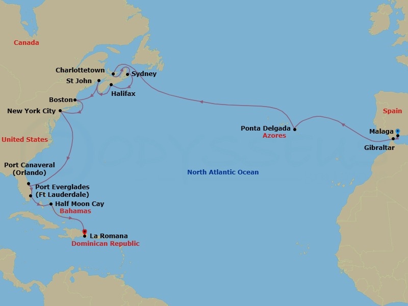 Route map: Malaga → Gibraltar → Ponta Delgada (Azores) → CHARLOTTETOWN (CANADA) → SYDNEY Nova Scotia(Canada) → HALIFAX, NOVA SCOTIA (CANADA) → St John NB → BOSTON → NEW YORK → P CANAVERAL