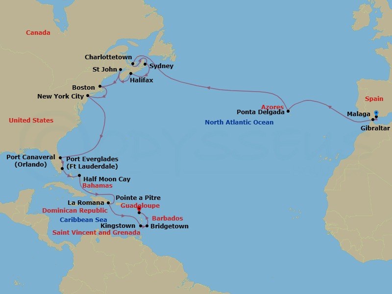 Route map: Malaga → Gibraltar → Ponta Delgada (Azores) → CHARLOTTETOWN (CANADA) → SYDNEY Nova Scotia(Canada) → HALIFAX, NOVA SCOTIA (CANADA) → St John NB → BOSTON → NEW YORK → P CANAVERAL