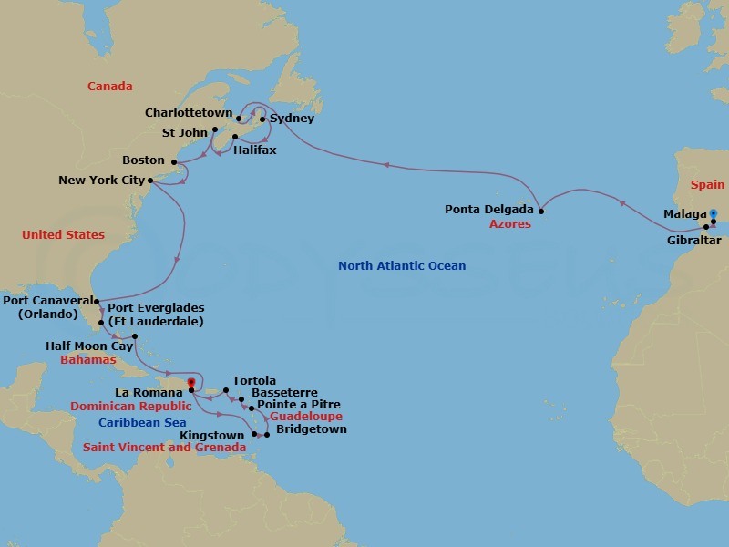 Route map: Malaga → Gibraltar → Ponta Delgada (Azores) → CHARLOTTETOWN (CANADA) → SYDNEY Nova Scotia(Canada) → HALIFAX, NOVA SCOTIA (CANADA) → St John NB → BOSTON → NEW YORK → P CANAVERAL