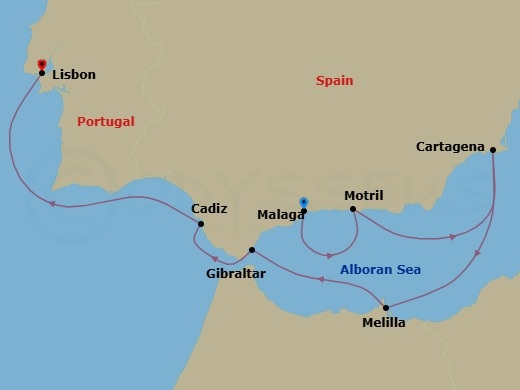 Route map: Malaga → Motril → Cartagena → Barcelona → Gibraltar → Cadiz → Lisbon