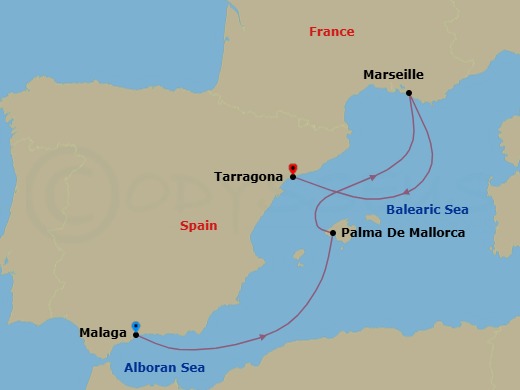 Route map: Malaga (Granada) Spain → Palma de Mallorca (Baleari Is.) Spain → Marseille (Provence) France → Tarragona Spain