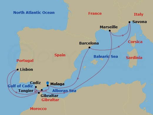 Route map: Malaga → Tangier → Cadiz → Gibraltar → Lisbon → Marseille → Savona → Barcelona → Malaga