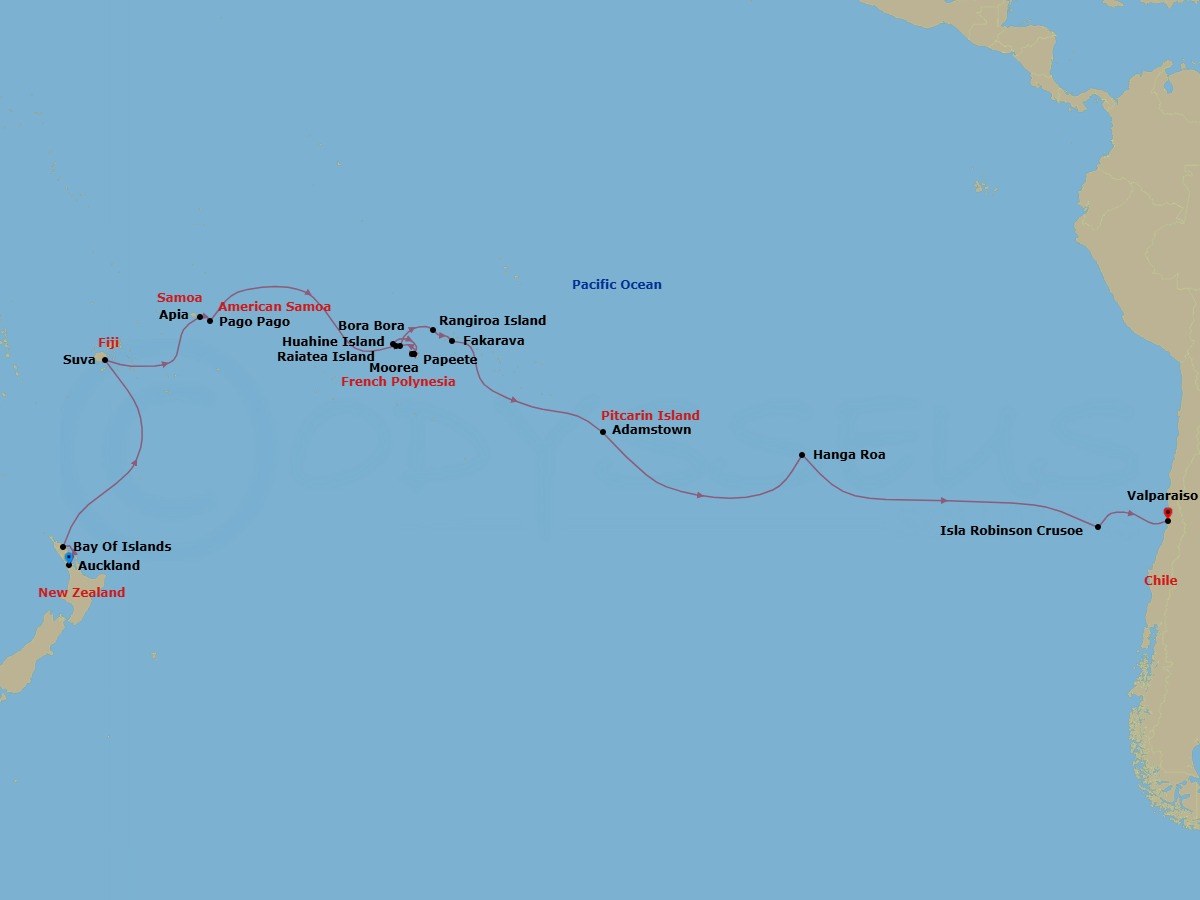 Route map: Auckland → Bay of Islands → Suva → Apia → Pago Pago → Date Line gain a day → Raiatea → Bora Bora (Society Islands) → Papeete (Tahiti) → Moorea Island