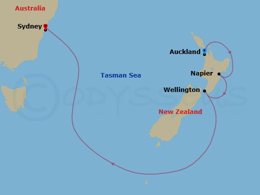 Route map: Auckland, New Zealand → Napier, New Zealand → Wellington, New Zealand → Sydney, Australia