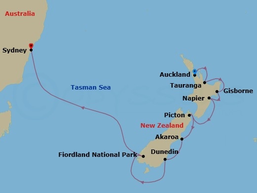Route map: Auckland, New Zealand → Tauranga (Rotorua), New Zealand → Gisborne, New Zealand → Napier, New Zealand → Picton, New Zealand → Akaroa (Christchurch), New Zealand → Port Chalmers (Dunedin), New Zealand → Sydney, Australia