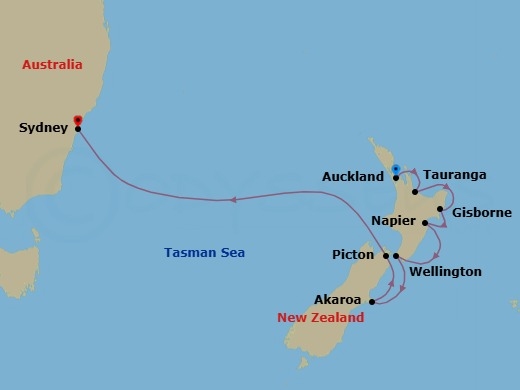 Route map: Auckland → Rotorua (Tauranga) → Gisborne → Napier → Wellington → Akaroa → Picton → Sydney