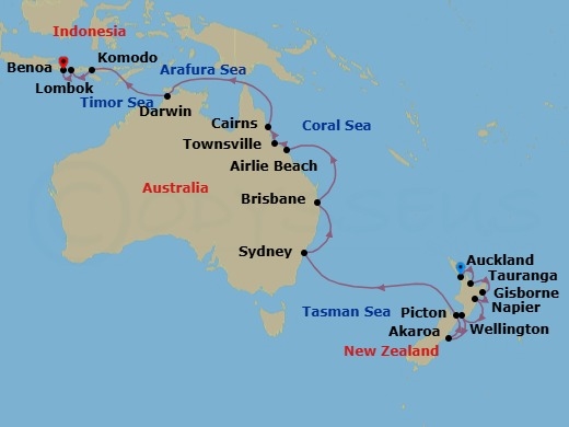 Route map: Auckland → Rotorua (Tauranga) → Gisborne → Napier → Wellington → Akaroa → Picton → Sydney → Brisbane → Airlie Beach
