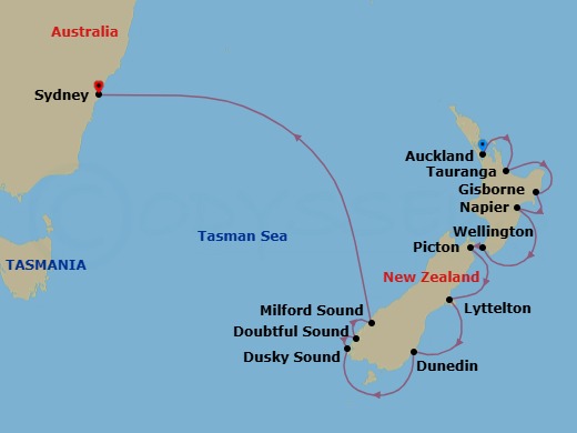Route map: Auckland → Tauranga → Gisborne → Tauranga Nova ZelAndia → Wellington → Picton → Lyttelton → Dunedin → Perth (Fremantle) → Doubtful Sound