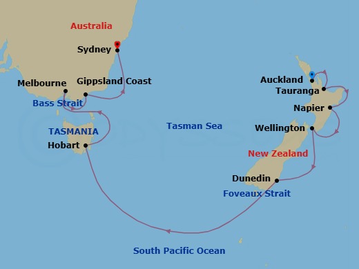 Route map: Auckland → Rotorua (Tauranga) → Napier → Wellington → Dunedin → Scenic Sailing Foveaux Strait → Tasmania (Hobart) → Scenic Sailing Bass Strait → Melbourne → Sydney