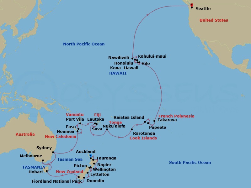 Route map: Auckland → Tauranga → Tauranga Nova ZelAndia → Wellington → Picton → Lyttelton → Dunedin → Fiordland National Park → Hobart → Melbourne