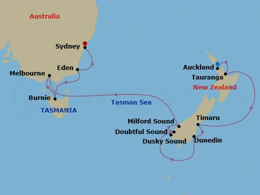 Route map: Auckland, New Zealand → Tauranga, New Zealand → Timaru, New Zealand → Dunedin, New Zealand → Cruise Doubtful Sound, New Zealand → Cruise Dusky Sound, New Zealand → Milford Sound, New Zealand → Melbourne, Australia → Burnie  Tasmania, Australia → Eden, Australia