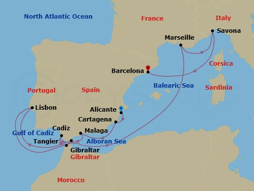 Route map: Alicante → Cartagena → Malaga → Tangier → Cadiz → Gibraltar → Lisbon → Marseille → Savona → Barcelona