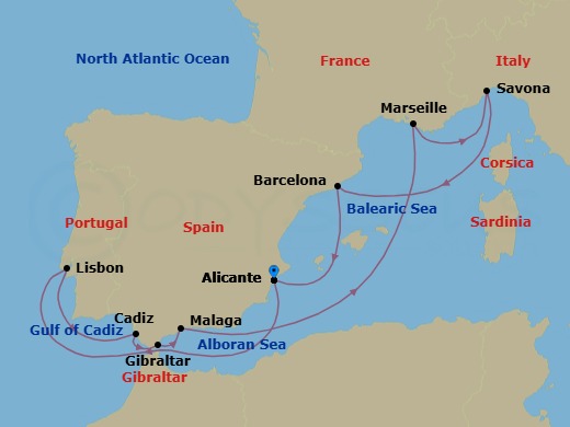 Route map: Alicante → Lisbon → Cadiz → Gibraltar → Malaga → Marseille → Savona → Barcelona → Alicante