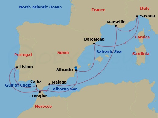 Route map: Alicante → Lisbon → Cadiz → Tangier → Malaga → Marseille → Savona → Barcelona → Alicante
