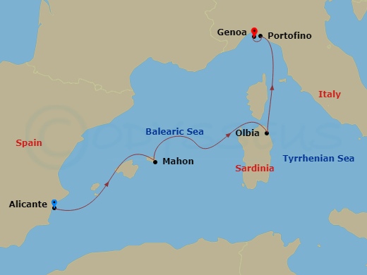 Route map: Alicante Spain → Mahon Spain → Olbia Italy → Genoa (Portofino) Italy