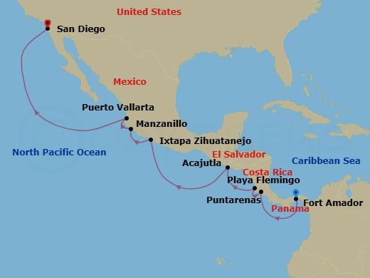 Route map: Fuerte Amador (Panama City) → Puntarenas → Playa Flamingo → Acajutla → Zihuatanejo → Manzanillo → Puerto Vallarta → San Diego