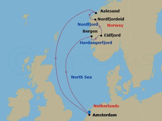 Route map: Amsterdam, The Netherlands → Alesund, Norway → Nordfjordeid, Norway → Eidfjord, Norway → Bergen, Norway → Amsterdam, The Netherlands