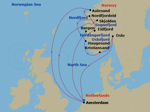 Route map: Amsterdam, The Netherlands → Alesund, Norway → Nordfjordeid, Norway → Eidfjord, Norway → Bergen, Norway → Amsterdam, The Netherlands → Oslo, Norway → Kristiansand, Norway → Haugesund, Norway → Skjolden, Norway