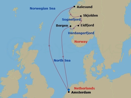 Route map: Amsterdam → Aalesund → Skjolden → Sognefjord → Eidfjord → Hardangerfjord → Bergen → Amsterdam