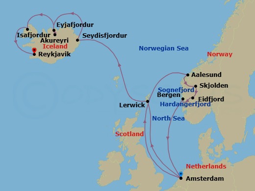 Route map: Amsterdam, The Netherlands → Alesund, Norway → Skjolden, Norway → Eidfjord, Norway → Bergen, Norway → Amsterdam, The Netherlands → Lerwick, Shetland Islands, United Kingdom → Seydisfjordur, Iceland → Akureyri, Iceland → Isafjordur, Iceland
