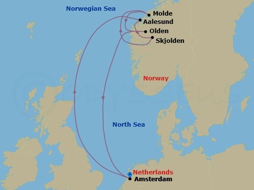 Route map: Amsterdam, Netherlands → Alesund, Norway → Skjolden, Norway → Molde, Norway → Olden, Norway → Amsterdam, Netherlands