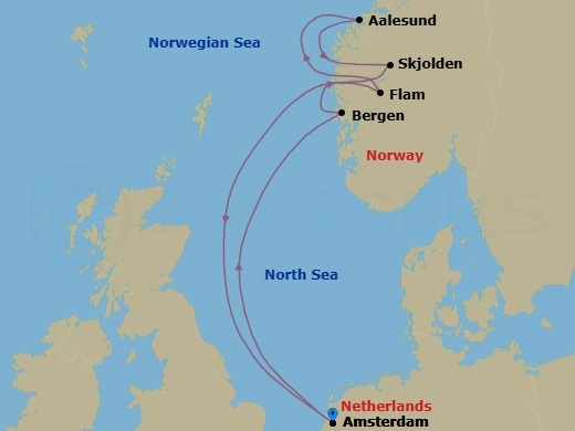 Route map: Amsterdam, Netherlands → Bergen, Norway → Flam, Norway → Alesund, Norway → Skjolden, Norway → Amsterdam, Netherlands
