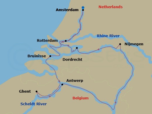 Route map: Amsterdam → Bruinisse → Ghent → Antwerp → Nijmegen → Dordrecht → Rotterdam → Amsterdam