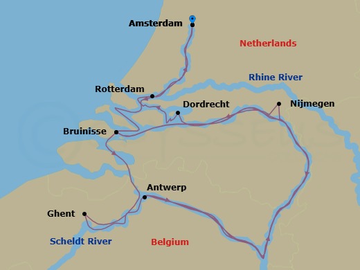 Route map: Amsterdam → Bruinisse → Ghent → Bruinisse → Antwerp → Nijmegen → Dordrecht → Rotterdam → Amsterdam
