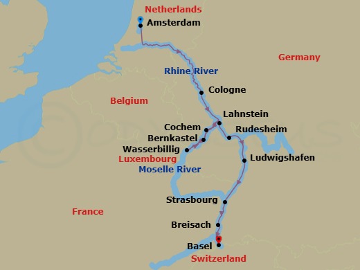 Route map: Amsterdam → Cologne → Lahnstein → Cochem → Wasserbillig → Bernkastel → Rudesheim → Ludwigshafen → Strasbourg → Breisach