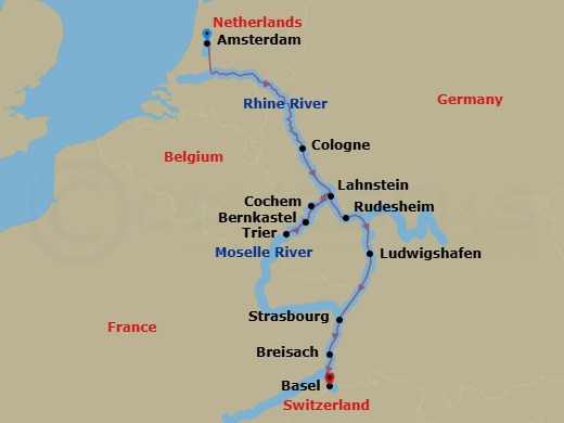 Route map: Amsterdam → Cologne → Lahnstein → Moselle Valley → Cochem → Moselle Valley → Trier → Bernkastel → Rudesheim → Ludwigshafen