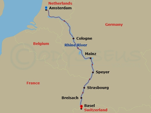 Route map: Amsterdam, Netherlands → Cologne, Germany → Scenic Rhine → Mainz, Germany → Speyer, Germany → Strasbourg, France → Breisach, Germany → Basel, Switzerland