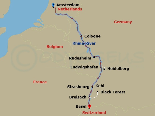 Route map: Amsterdam, The Netherlands (Embarkation) → Amsterdam → Cologne, Germany → Rhine Gorge-Rudesheim → Ludwigshafen Excursion To Heidelberg → Kehl Excursion To Strasbourg, France → Breisach, Germany Excursion To Black Forest → Basel, Switzerland (Disembarkation)