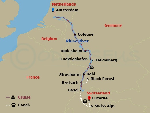 Route map: Amsterdam, The Netherlands (Embarkation) → Amsterdam → Cologne, Germany → Rhine Gorge-Rudesheim → Ludwigshafen Excursion To Heidelberg → Kehl Excursion To Strasbourg, France → Breisach, Germany Excursion To Black Forest → Basel, Switzerland (Disembarkation)-Swiss Alps → Lucerne