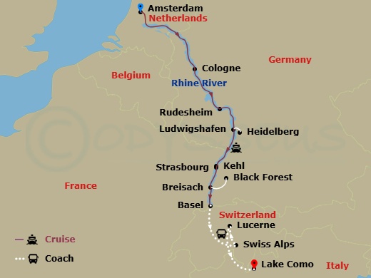 Route map: Amsterdam, The Netherlands (Embarkation) → Amsterdam → Cologne, Germany → Rhine Gorge-Rudesheim → Ludwigshafen Excursion To Heidelberg → Kehl Excursion To Strasbourg, France → Breisach, Germany Excursion To Black Forest → Basel, Switzerland (Disembarkation)-Swiss Alps → Lucerne-Lake Como, Italy → Lake Como