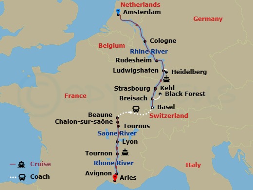 Route map: Amsterdam, The Netherlands (Embarkation) → Amsterdam → Cologne, Germany → Rhine Gorge-Rudesheim → Ludwigshafen Heidelberg Excursion → Kehl Excursion To Strasbourg, France → Breisach, Germany Excursion To Black Forest → Basel, Switzerland (Disembarkation) Beaune-Lyon (Embarkation) → Lyon → Lyon-Macon