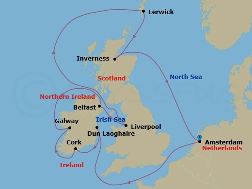 Route map: Amsterdam → Dun Laoghaire → Cork → Killybegs → Belfast → Liverpool → Lerwick → Inverness → Amsterdam