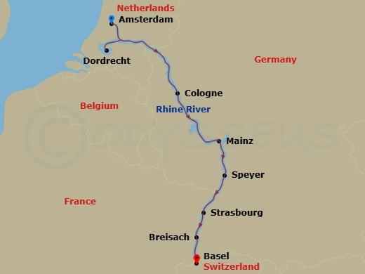 Route map: Amsterdam, Netherlands → Dordrecht, The Netherlands → Cologne, Germany → Scenic Rhine → Mainz, Germany → Speyer, Germany → Strasbourg, France → Breisach, Germany → Basel, Switzerland