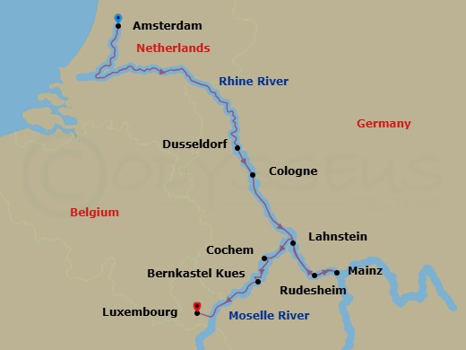 Route map: Amsterdam → Dusseldorf → Cologne → Rudesheim → Mainz → Lahnstein → Moselle Valley → Cochem → Bernkastel → Luxembourg