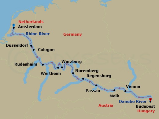 Route map: Amsterdam → Dusseldorf → Cologne → Rudesheim → Wertheim → Wurzburg → Eltmann → Nuremberg → Regensburg → Passau