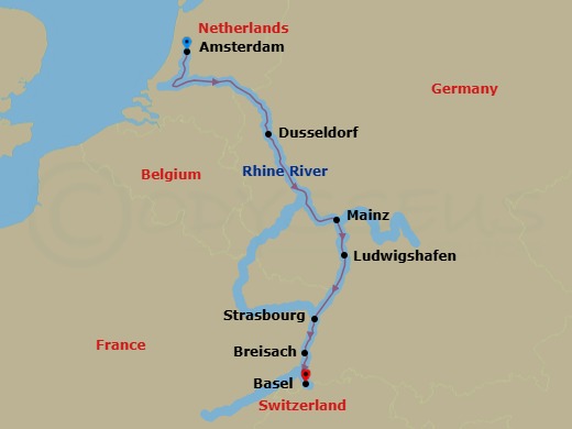 Route map: Amsterdam → Dusseldorf → Mainz → Ludwigshafen → Strasbourg → Breisach → Basel