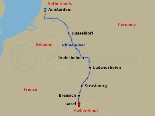 Route map: Amsterdam → Dusseldorf → Rudesheim → Ludwigshafen → Strasbourg → Breisach → Basel
