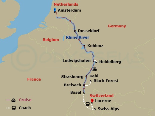 Route map: Amsterdam, The Netherlands (Embarkation) → Amsterdam → Dusseldorf, Germany → Koblenz-Rhine Gorge → Ludwigshafen Excursions To Heidelberg → Kehl Excursion To Strasbourg, France → Breisach, Germany Excursion To Black Forest → Basel, Switzerland (Disembarkation-Swiss Alps → Lucerne
