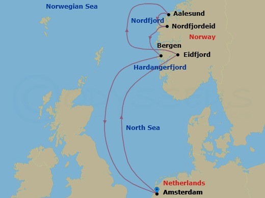 Route map: Amsterdam → Eidfjord → Hardangerfjord → Aalesund → Nordfjordeid → Nordfjord → Bergen → Amsterdam