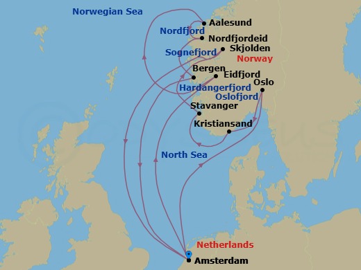 Route map: Amsterdam, The Netherlands → Eidfjord, Norway → Alesund, Norway → Nordfjordeid, Norway → Bergen, Norway → Amsterdam, The Netherlands → Oslo, Norway → Kristiansand, Norway → Stavanger, Norway → Skjolden, Norway
