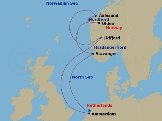 Route map: Amsterdam, The Netherlands → Eidfjord, Norway → Alesund, Norway → Olden, Norway → Sandnes (Stavanger), Norway → Amsterdam, The Netherlands