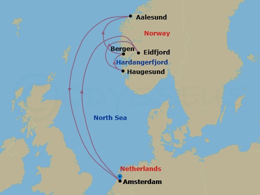 Route map: Amsterdam, The Netherlands → Eidfjord, Norway → Haugesund, Norway → Bergen, Norway → Alesund, Norway → Amsterdam, The Netherlands
