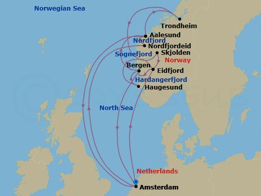 Route map: Amsterdam, The Netherlands → Eidfjord, Norway → Haugesund, Norway → Bergen, Norway → Alesund, Norway → Amsterdam, The Netherlands → Nordfjordeid, Norway → Alesund, Norway → Trondheim, Norway → Skjolden, Norway